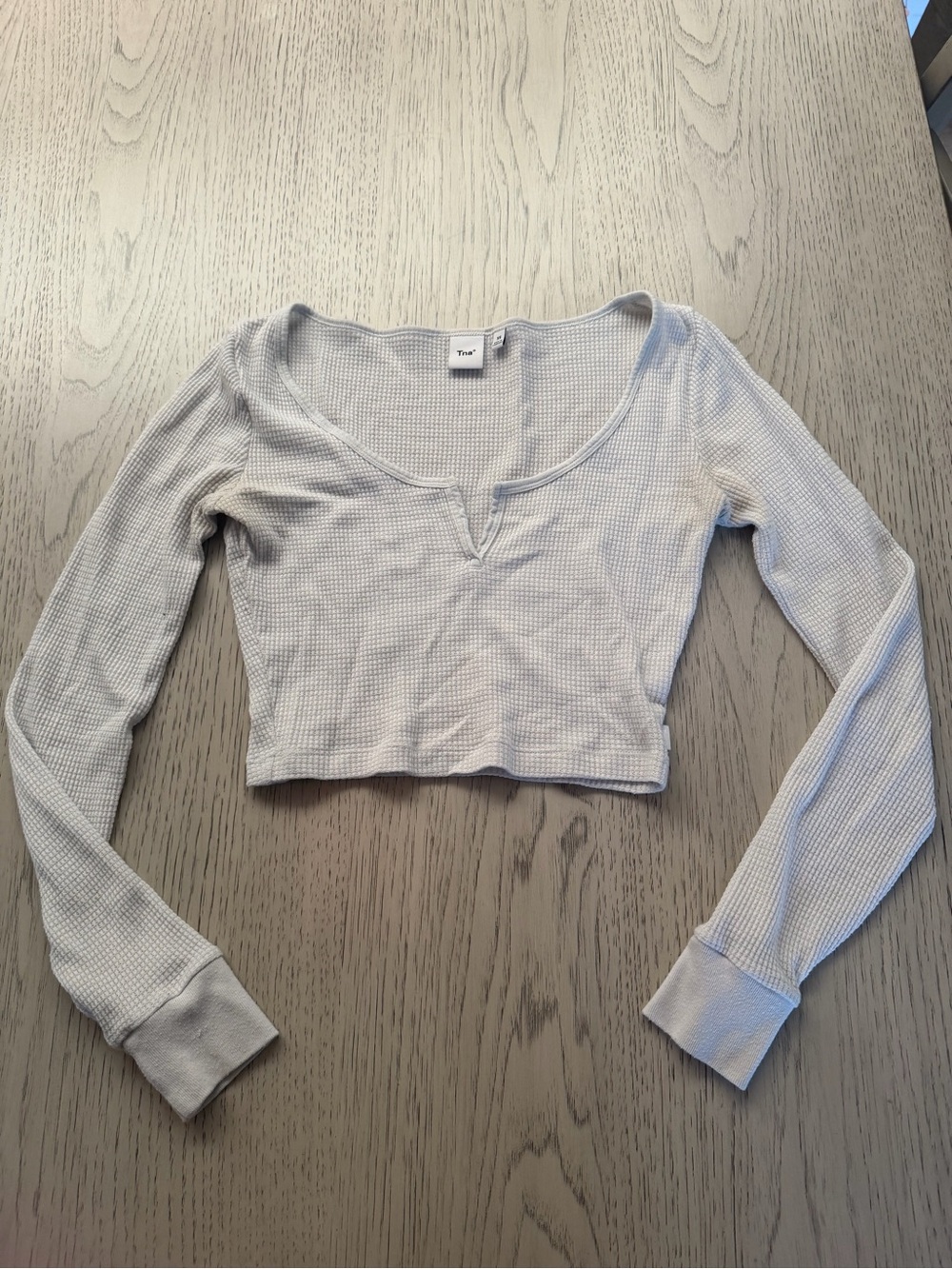 TNA Baby Blue Waffle Knit V-Notch Long Sleeve Crop Top